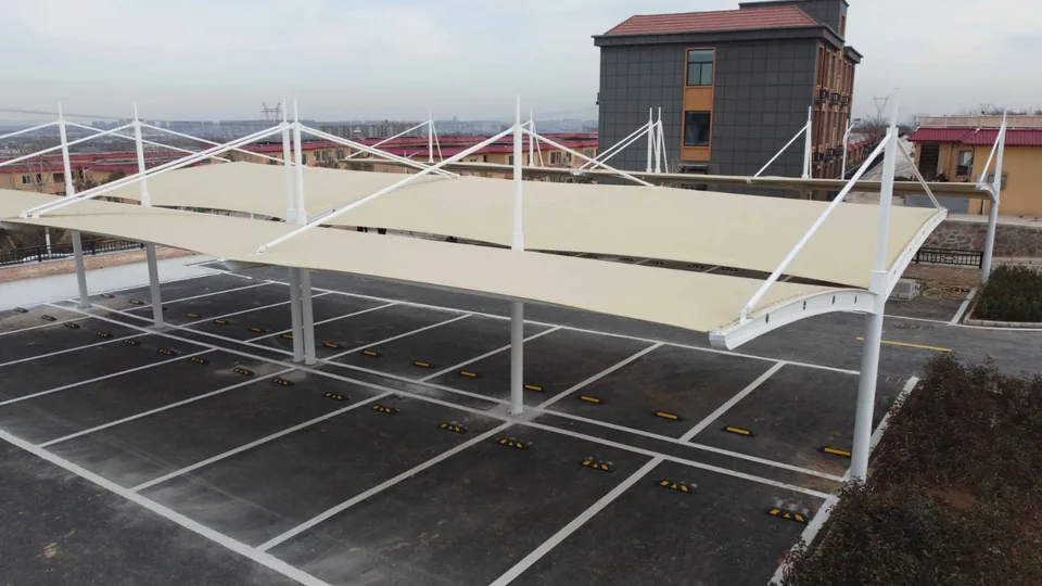 Xingyang carport side view with supporting members and marked parking bays