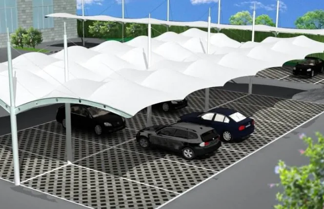 Tensioning a carport membrane into its designed form