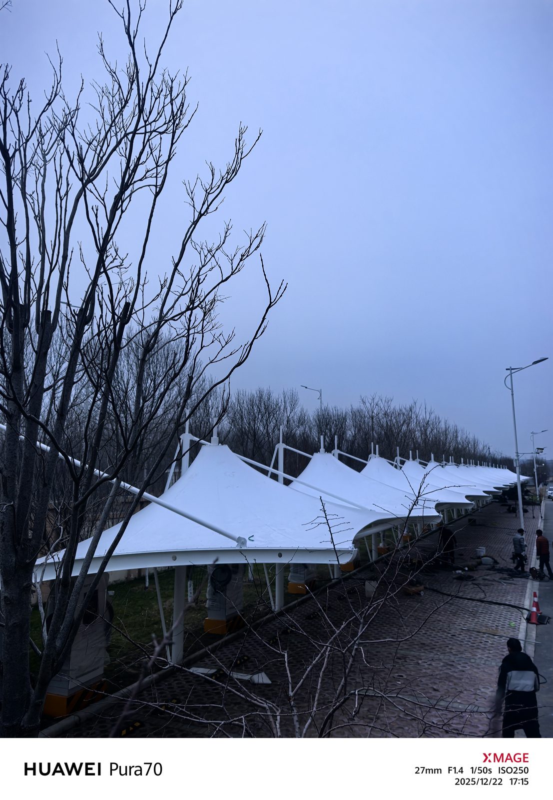 从较高位置拍摄的连续尖顶膜结构车棚