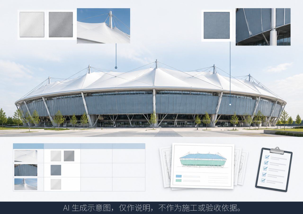 膜结构材料清单如何区分屋盖与立面膜材型号?示意图