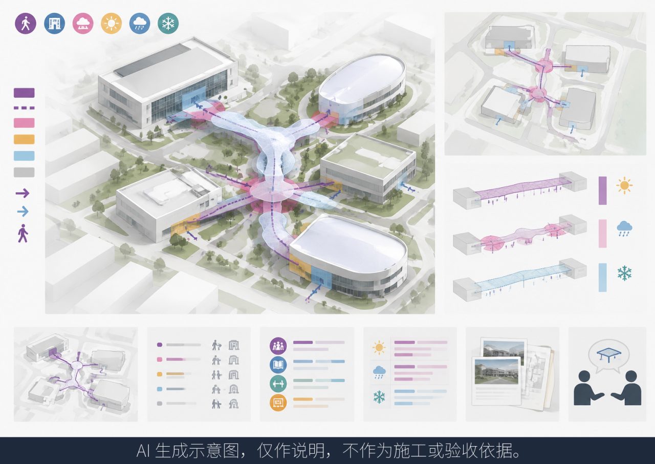 跨建筑步行街加膜屋盖,通行路线与遮盖范围怎么梳理?