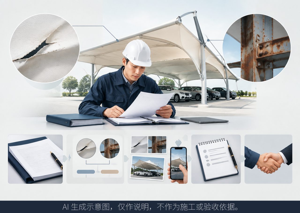 膜结构车棚报修：先按合同核对质保范围，再准备问题资料示意图