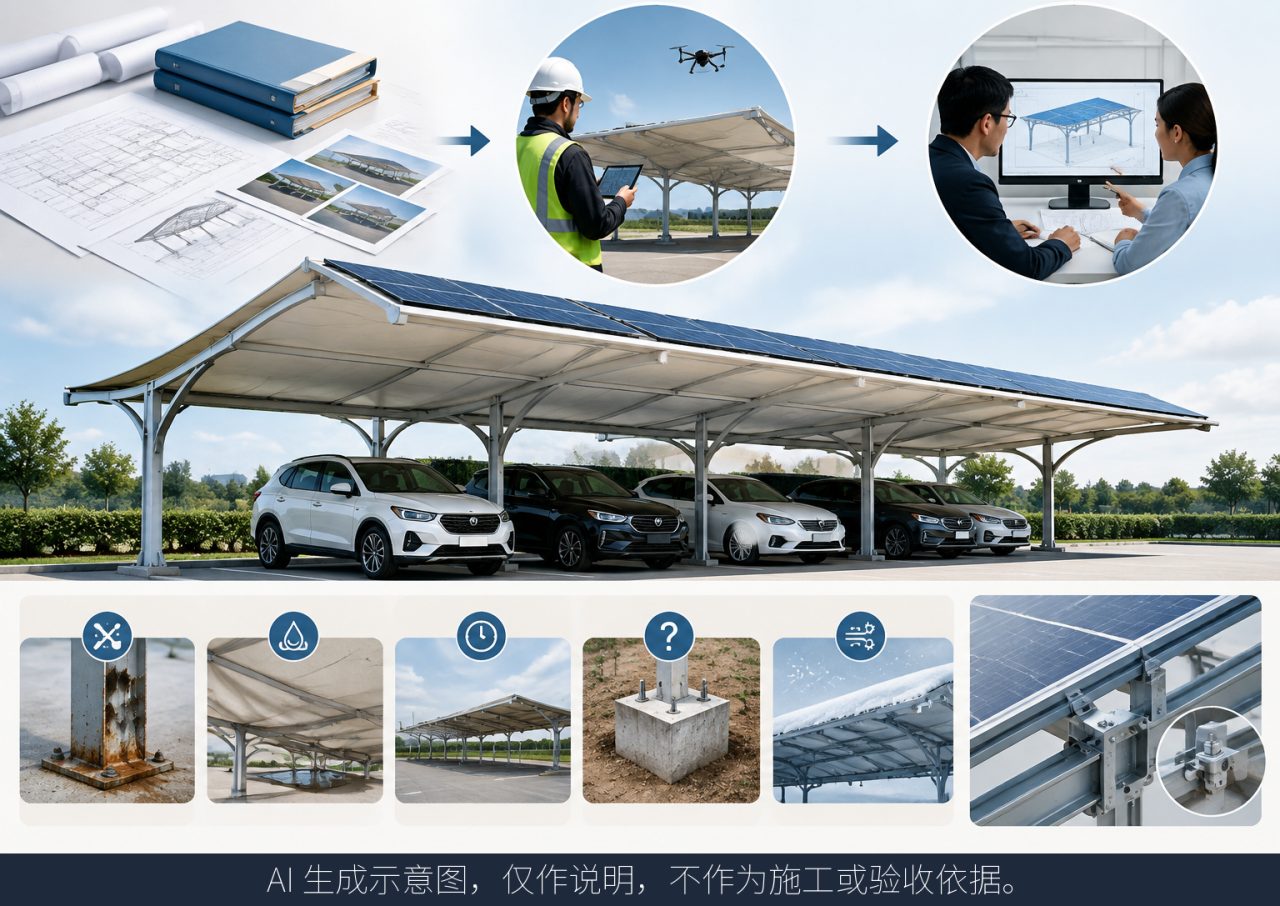想给现有车棚加光伏,先提供哪些结构与现场资料示意图