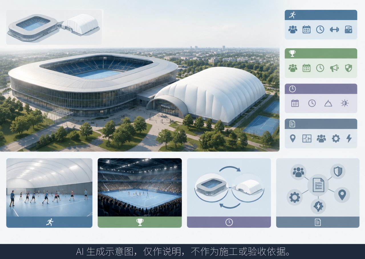 既有体育场馆加临时膜馆,新增空间需求该怎么说明?示意图