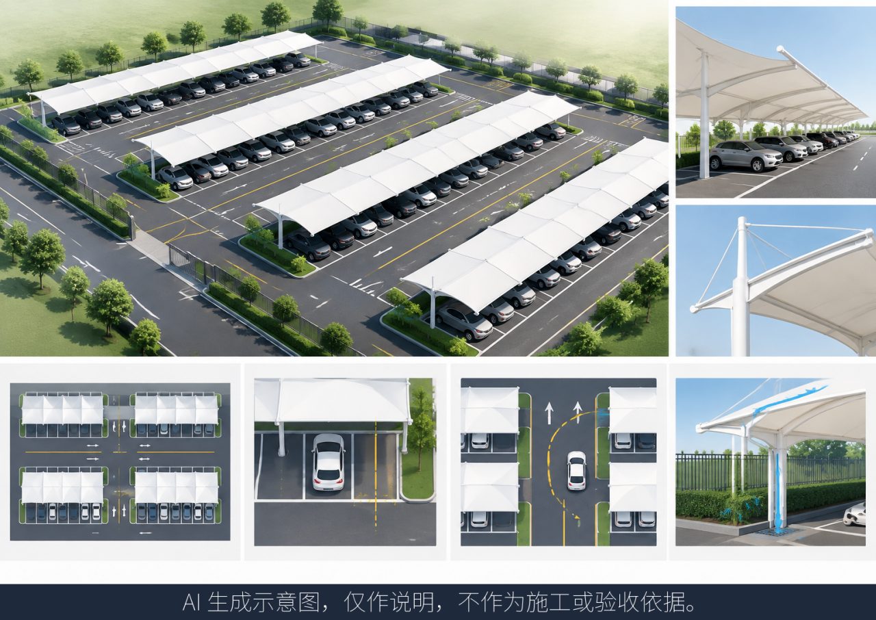 荥阳停车场车棚案例回顾:分组车棚如何结合车位与通道布置