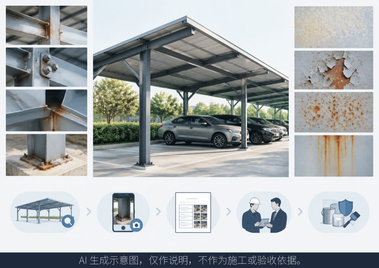 车棚钢构件出现锈迹,怎样记录位置和涂层状态用于检修沟通示意图